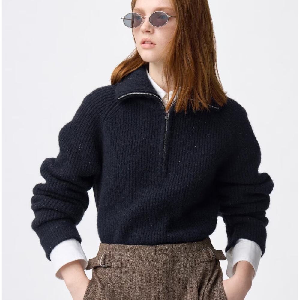 GU (Uniqlo) Flecked Half-Zip Knitted Pullover in Navy Blue